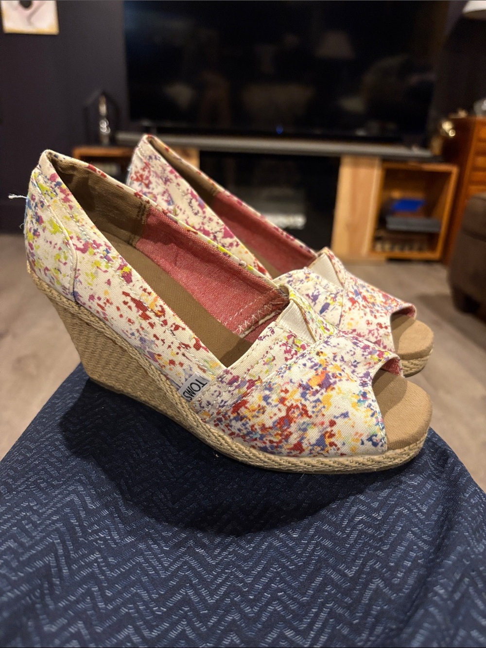 TOMS Multicolor Paint-Splatter Espadrille Wedge in White Base 6